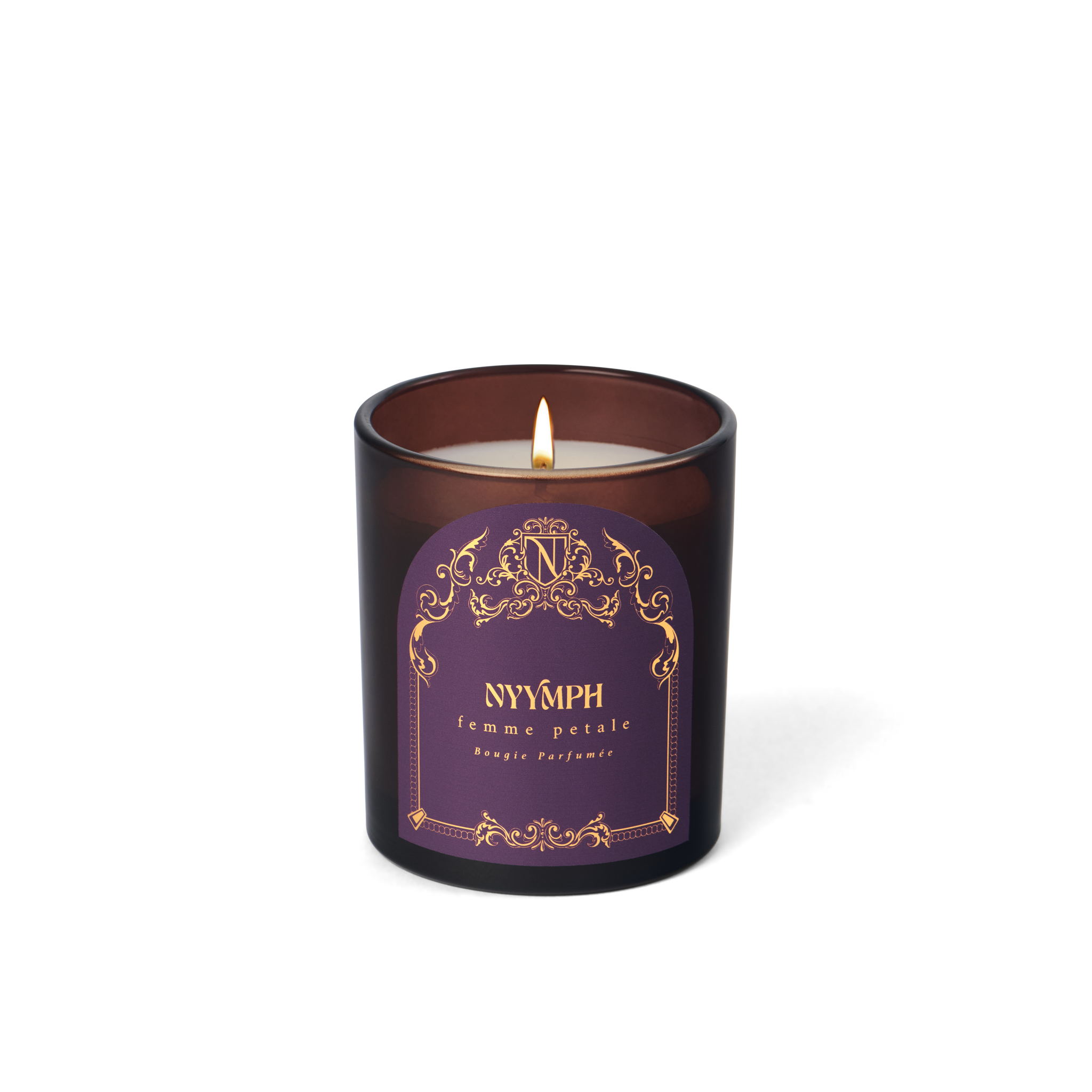Lit NYYMPH Femme Petale candle with purple and gold label, centered in frame with soft glow, isolated on transparent background.