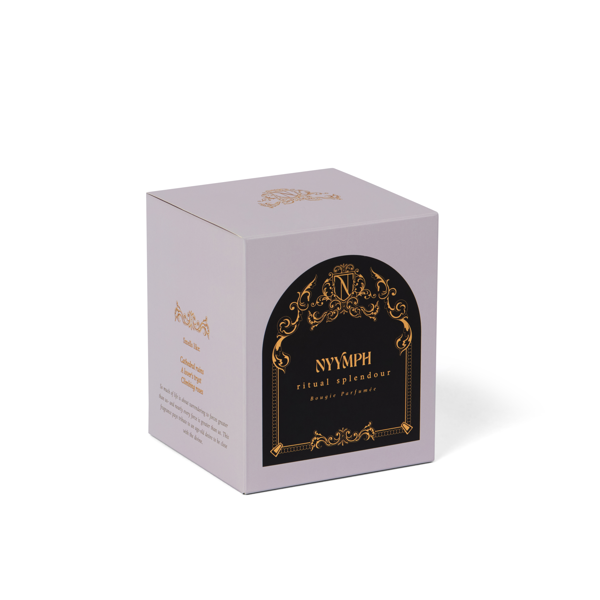 NYYMPH Ritual Splendour candle packaging – light grey box with ornate gold and black arch design, luxury scented candle box on transparent background.