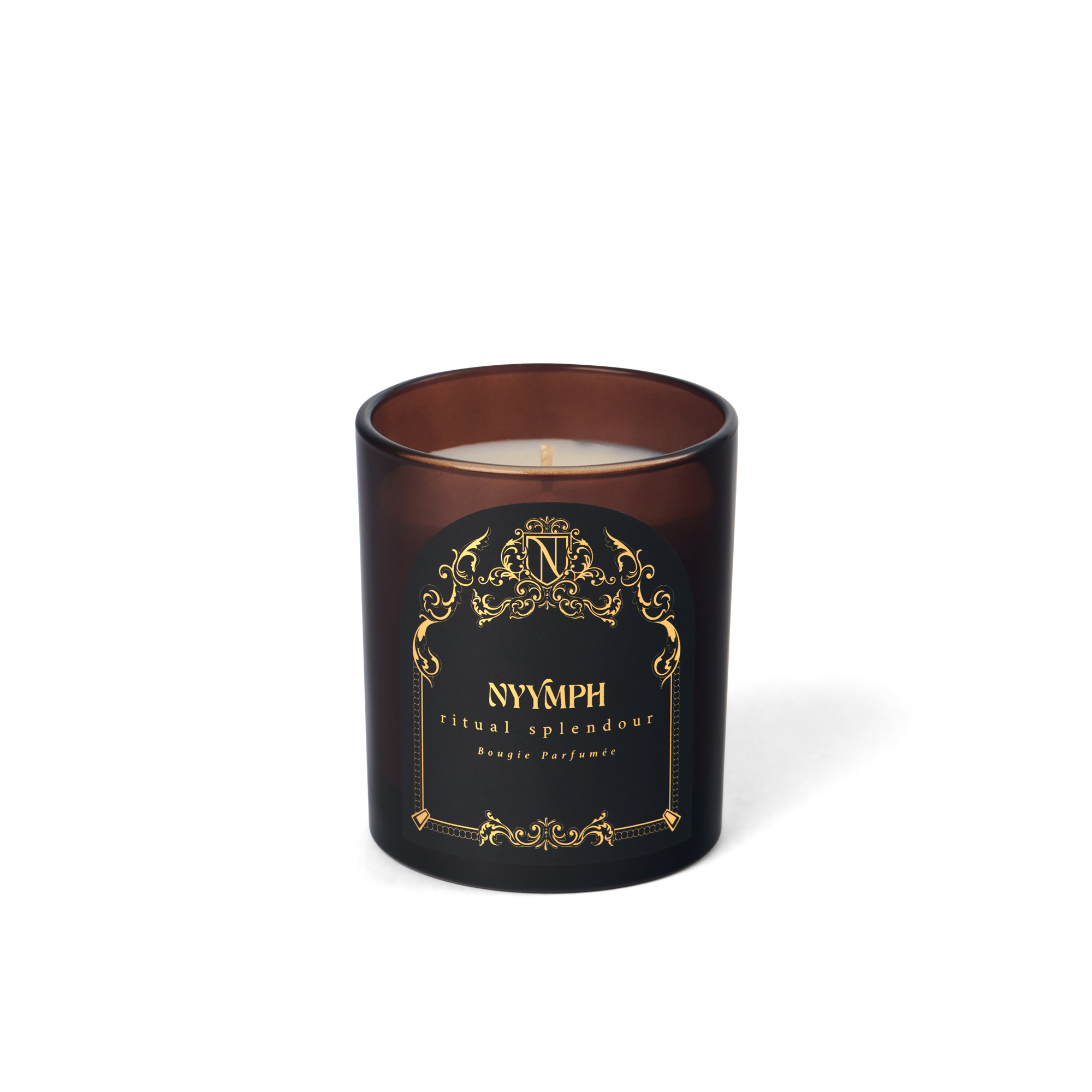 Ritual Splendour candle by NYYMPH – unlit soy-coconut wax in dark maroon glass with gold label, luxury hand-poured home fragrance.