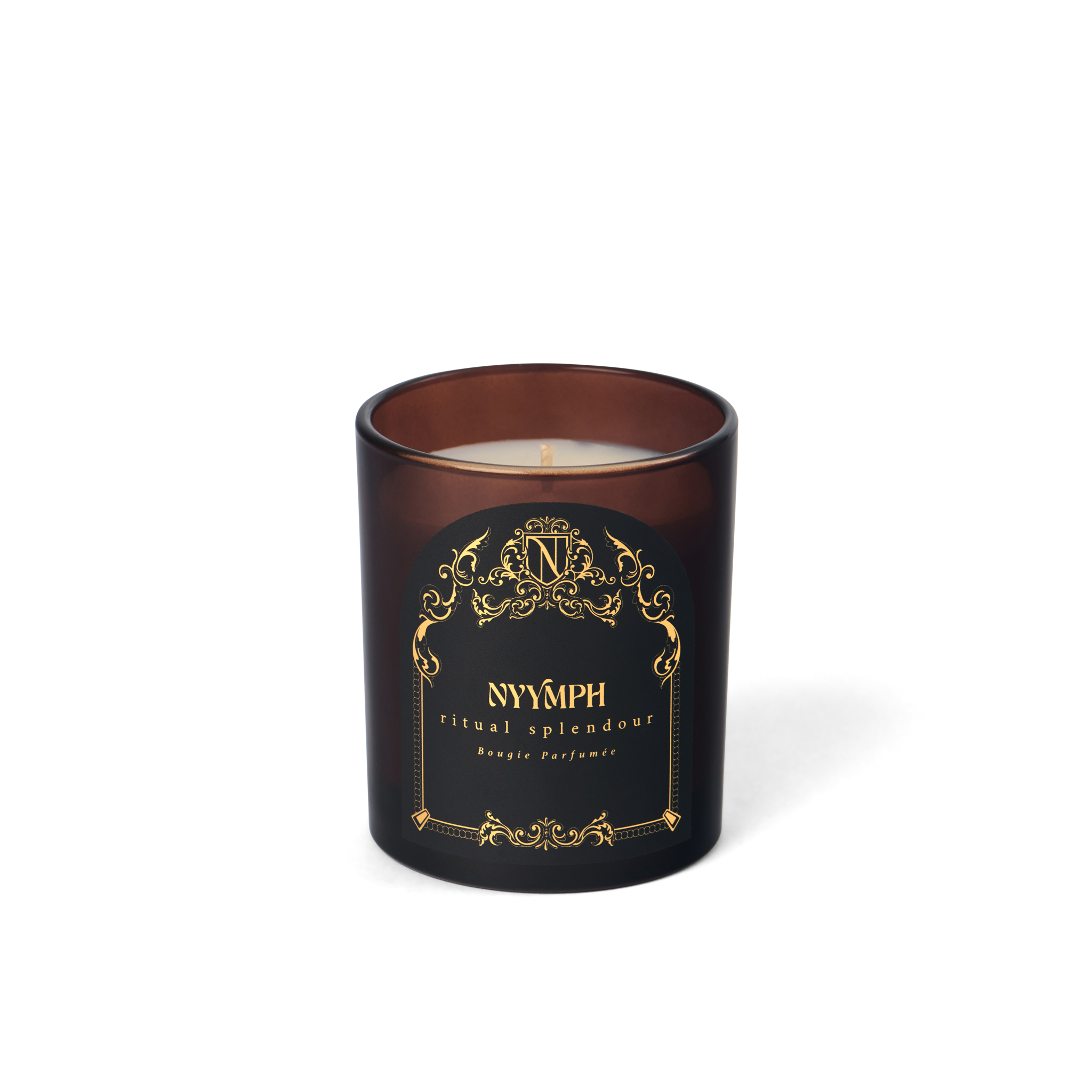 Ritual Splendour candle by NYYMPH – unlit soy-coconut wax in dark maroon glass with gold label, luxury hand-poured home fragrance.
